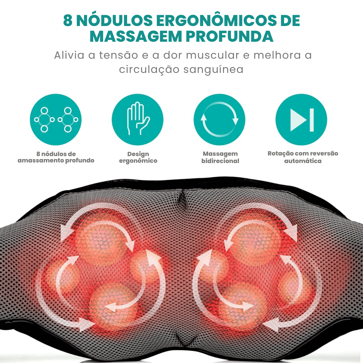 Massageador Shiatsu 3D Elétrico com Aquecimento – 8 Nódulos, 3 Níveis de Intensidade - KneadBlaze™