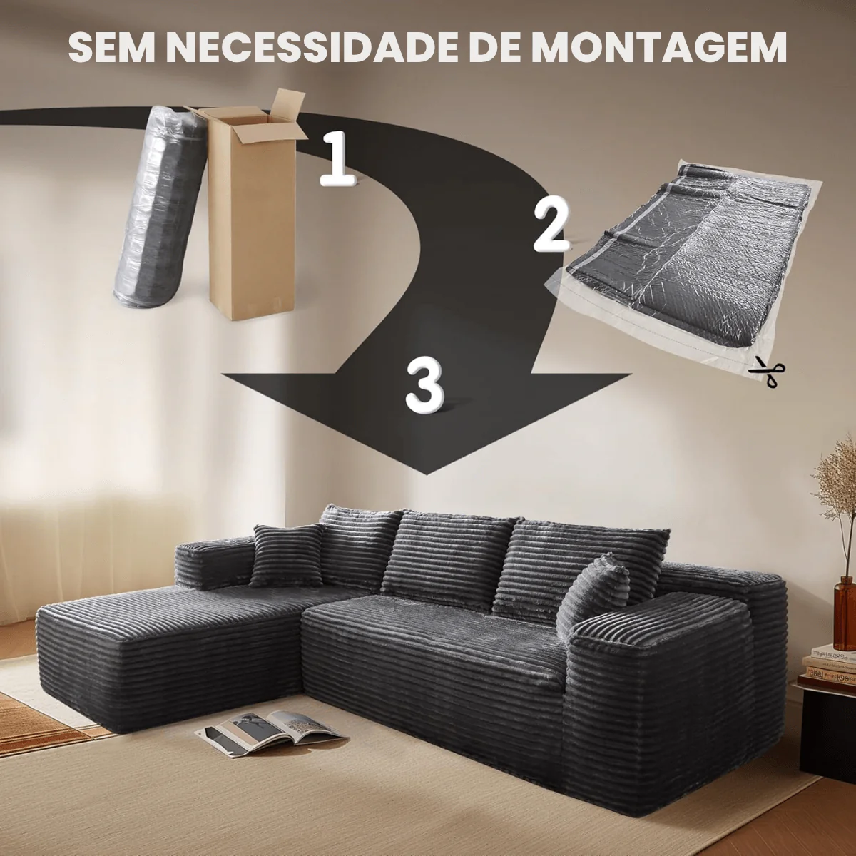 Sofá Modular em L com 3 Lugares, Sem Montagem, Estofado em Veludo Cotelê – CloudFlex™