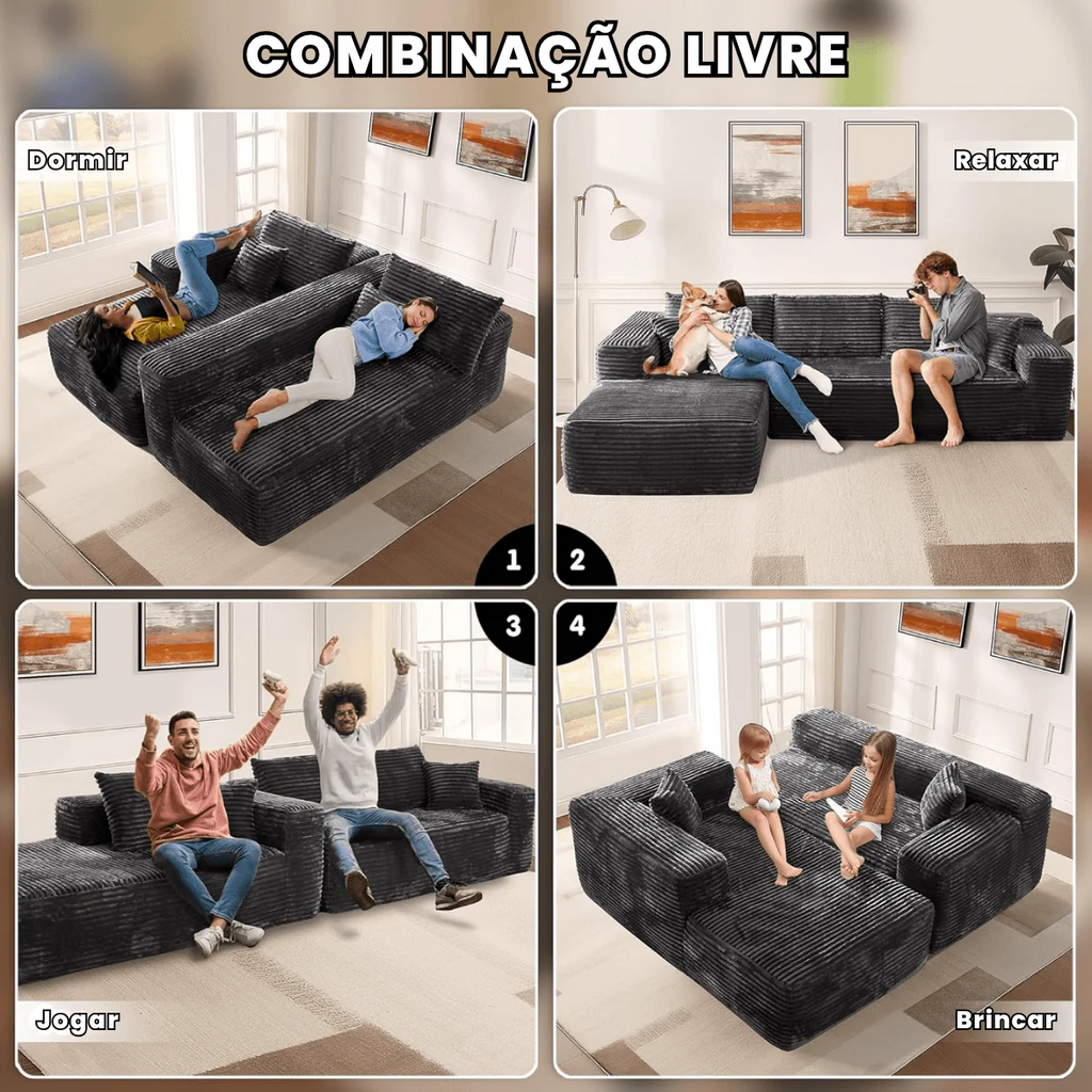 Sofá Modular em L com 3 Lugares, Sem Montagem, Estofado em Veludo Cotelê – CloudFlex™