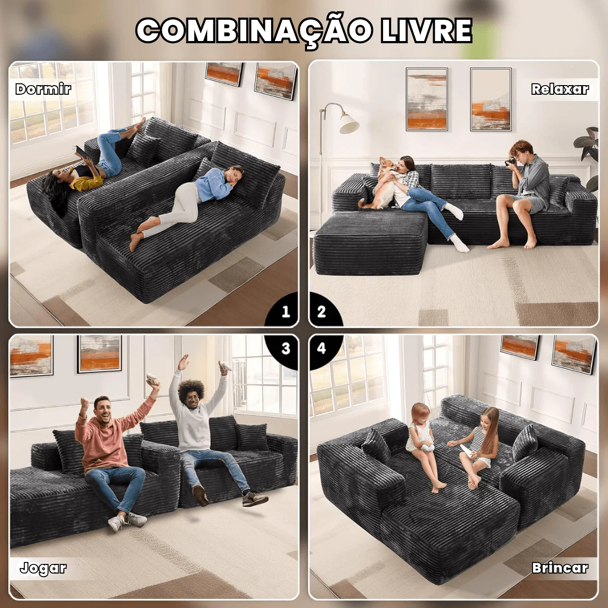 Sofá Modular em L com 3 Lugares, Sem Montagem, Estofado em Veludo Cotelê – CloudFlex™